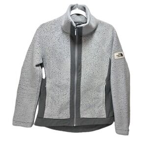 Vtg The North Face Furry Fleece Full Zip Jacket Womens Small Gray High Neck Logo